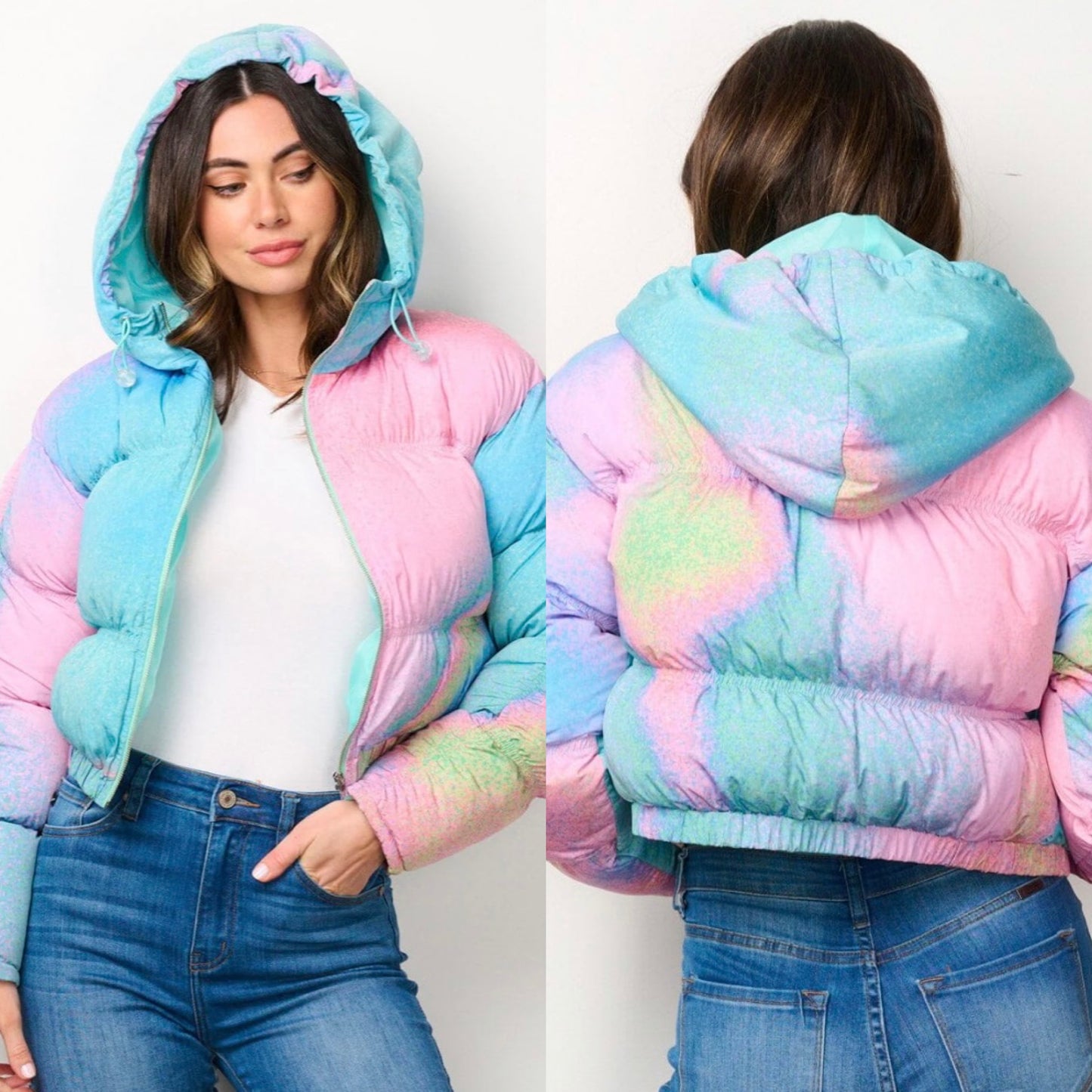 Sienna multicolor pink and blue puffer coat