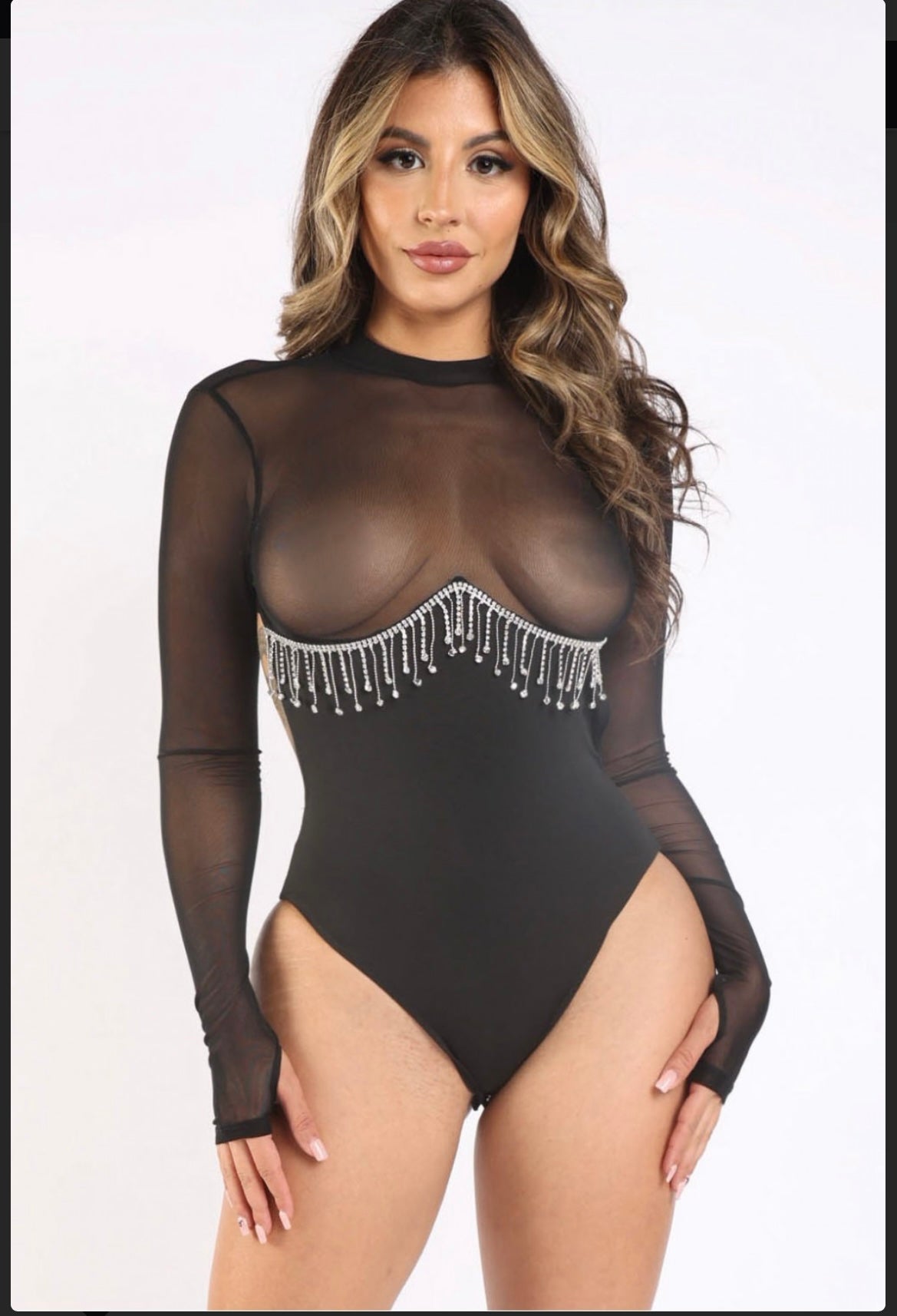 Baddie Rhinestone Mesh Bodysuit