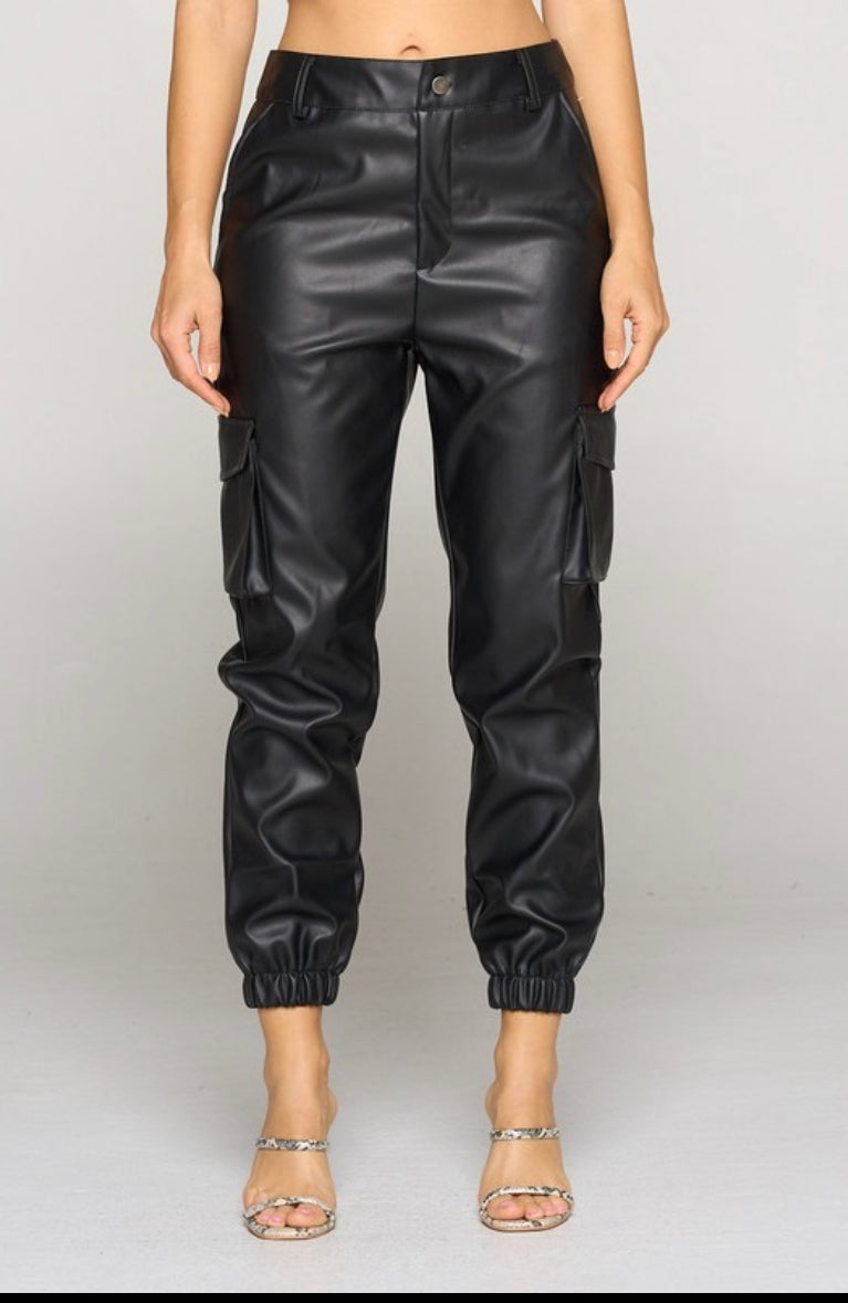Faux Leather Cargo Pants