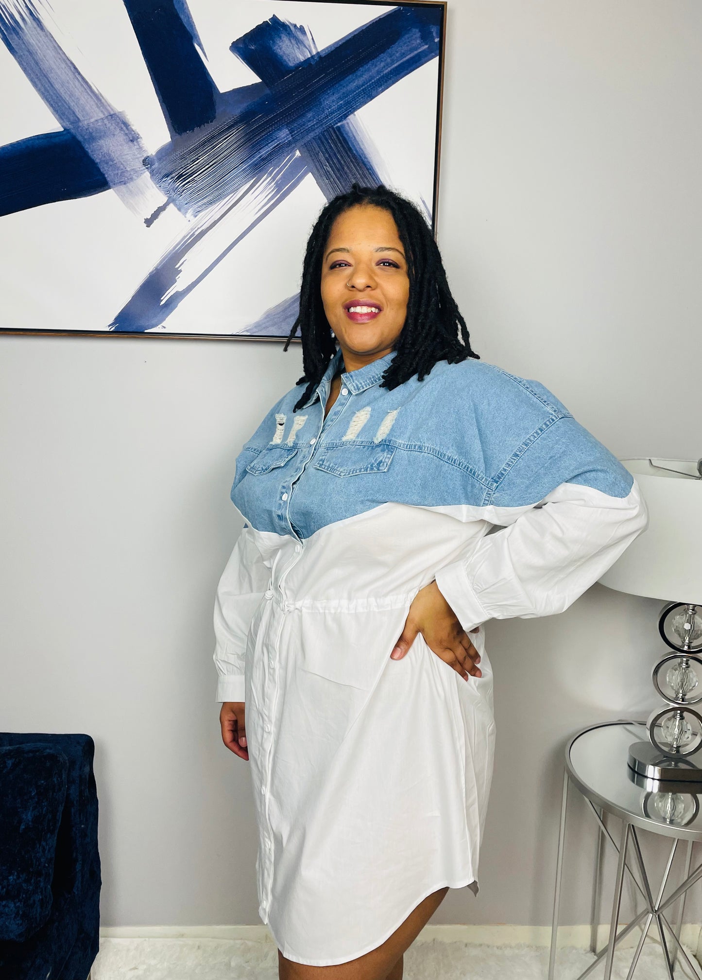 Denim Block Mini Dress-Plus Size